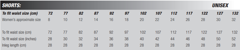 Bisley Shorts Sizing structure