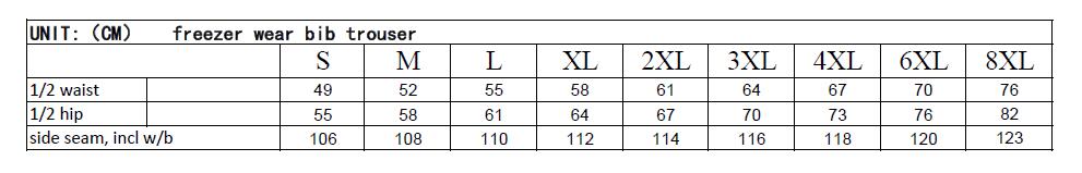 PE104 Freezer Bib Overtrouser Sizing Structure