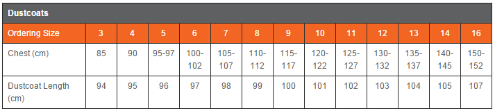 Dust coat Sizing Specification 